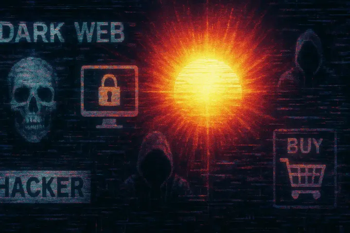 Artistic illustration of a sun shining a light on sinister activities taking place on the Dark Web.