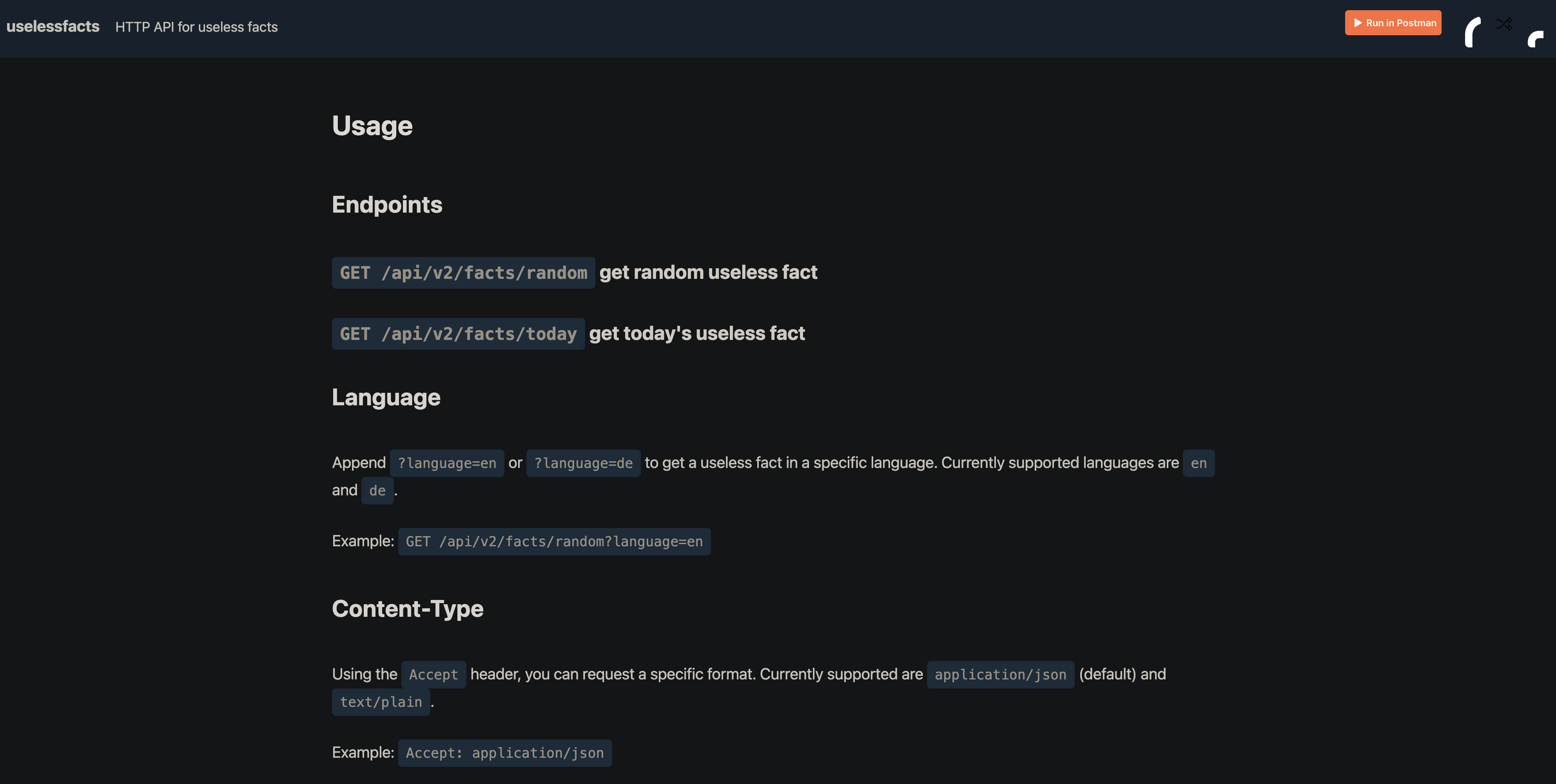 Available API endpoints and content types.
